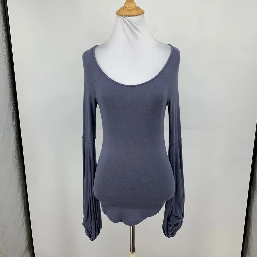 Free People Top Womens Small Blue Grey To The Tropics Blouson Sleeves Low Scoop